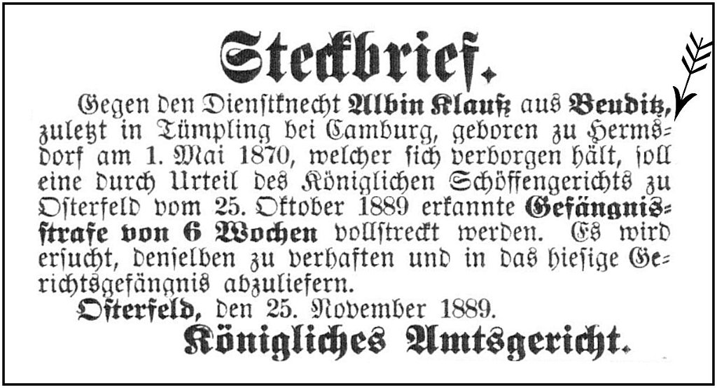 1889-11-25 Hdf Steckbrief Klauss